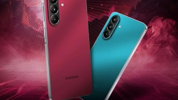 Samsung Galaxy M47 5G в цветах Rogue Red и Blaze Blue вид сзади