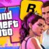 официальная обложка GTA 6 с Джейсоном и Люсией — идея картинки: коллаж-обложка в фирменной «сетке» Rockstar, пастельное небо Вайс-Сити, вертолёт и спорткар.