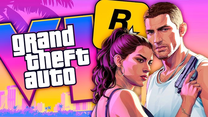 официальная обложка GTA 6 с Джейсоном и Люсией — идея картинки: коллаж-обложка в фирменной «сетке» Rockstar, пастельное небо Вайс-Сити, вертолёт и спорткар.