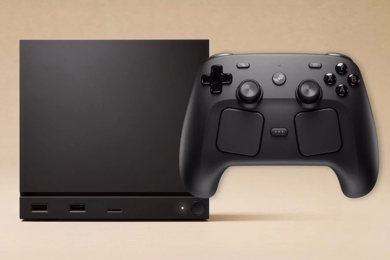 Игровая консоль-куб Steam Machine от Valve, цена от $1049 (на картинке: компактный чёрный куб Steam Machine рядом с геймпадом и телевизором)